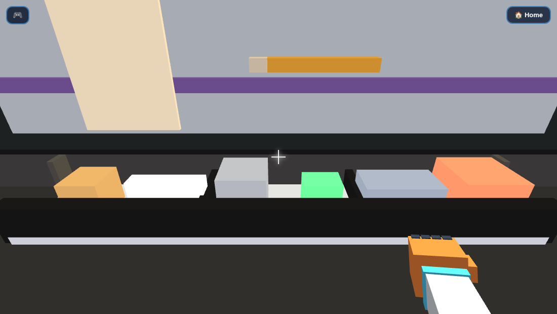 The open drawer, seen along its length. A glowing white tray holds six coloured blocks in a row: a gold cube, a silver bar, a grey cube, a bright green block, a blue-grey slab and an orange wedge.